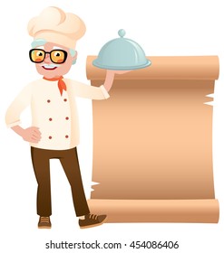 Stock vector illustration of a senior chef with dish hand on the banner background