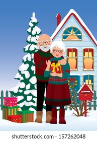 Stock vector illustration of senior couple grandparents standing outside his home with Christmas gifts in hands
