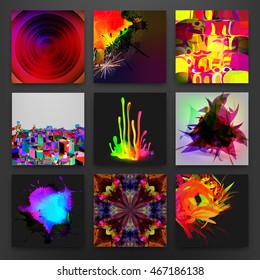 Stock vector illustration set of abstractions. Applicable for posters, flyers and banner designs. Design covers music album. Abstract circles, chaos, acid colors, paint splash, kaleidoscope. EPS 10