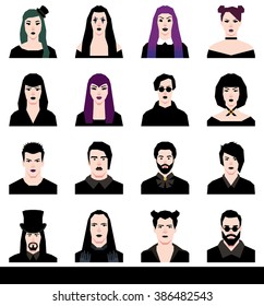 Stock vector illustration of a set of avatars in a flat style male and female goths
