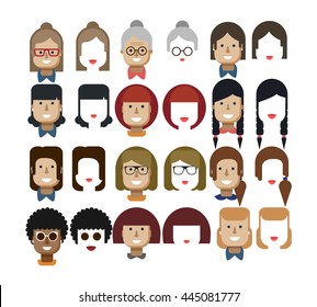 Stock vector illustration set avatars female faces, design elements, hairstyles, glasses,  collar, red hair, freckles, gray, Women's  haircut bob, bangs, lips, smile, sunglasses flat style
