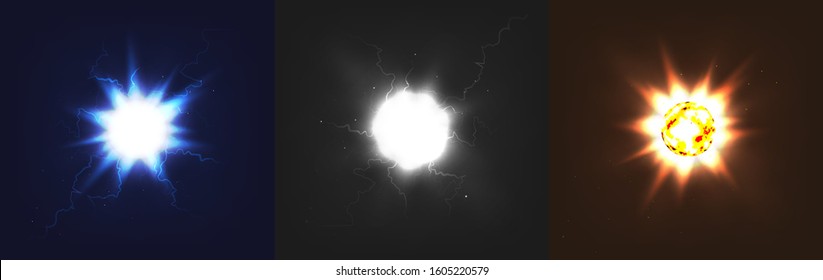 Stock vector illustration set ball lightning a transparent background. Abstract plasma sphere. Electric discharge. Fire, the sun effect. Luminous balls, kugelblitz, globular lightning.  EPS 10