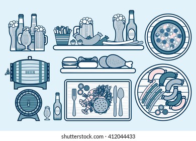Stock vector illustration set beers, mugs, bottles and food with beer, appetizer, fastfood in line style element for info graphic, website, icon, games, motion design, video