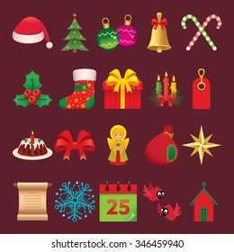 Stock vector illustration of a set of brightly colored icons symbols of Christmas and New Year