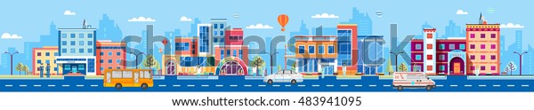 Stock vector Illustration set building style city\
header title website Flat banner footer site background image\
picture backdrop corporate Architecture  town kindergarten bus\
police car ambulance\
road
