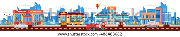 Stock vector Illustration set buildings style\
city business header title website Flat design banner footer site\
white background corporate town police road bakery hospital office\
police car ambulance