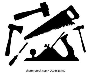 Stock vector illustration. A set of carpentry tools is drawn on a white background - two hammers, a planer, a saw, a chisel and an ax in black silhouette.
