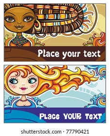 Stock Vector Illustration: Set of colorful decorative business cards featuring attractive girls with stylish hair styles. Space for your information. #2