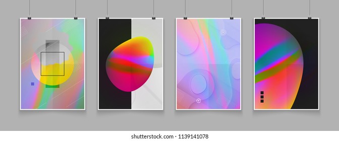 Stock vector illustration set cover templates with abstract liquid bubbles shapes, 80s memphis geometric style flat and 3d design elements. Retro art for banners, flyers, placards and posters EPS 10
