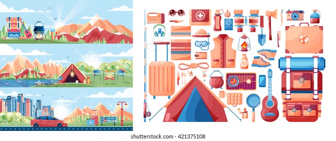 Stock vector illustration set of day landscape, mountains, sunrise, travel, hiking, nature, tent, campfire, pot, big tourist backpack, camping, car, city daylife, bench, luggage, tour in flat style