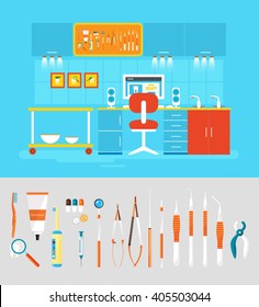 Stock vector illustration set of dental office with cabinet of dentist, equipment in flat style element for info graphic, website, icon