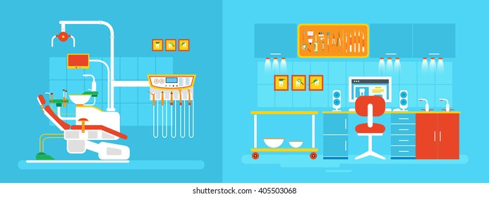 Stock vector illustration set of dental office with chair, cabinet of dentist, equipment in flat style element for info graphic, website, icon