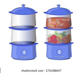 Stock vector illustration. Set. Drawn two double boiler blue with transparent pots. One double boiler is empty, the second with food. Illustration on white background