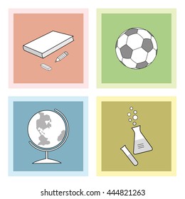 Stock Vector Illustration: Set of of four flat icons for school. Isolated on a colored background