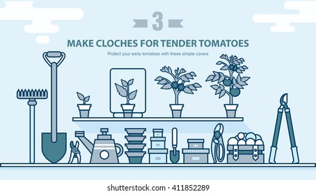 Stock vector illustration set garden tools, seedling tomatoes on the shelf in line style element for info graphic, website, icon, games, motion design, video