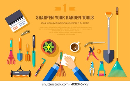 Stock vector illustration set of gardening tools working in the vegetable top view, cleaning garden accessories in flat style element for info graphic, website, icon