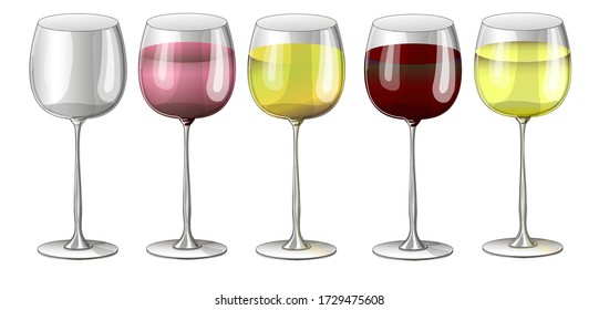 Ilustración vectorial de material. Conjunto de copas - transparente vacío, con vino rojo, rosa y blanco. La ilustración se dibuja sobre un fondo blanco.