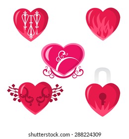 A stock vector illustration set of hearts design, some with key hole, fire and ornamental flourish.
