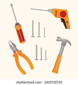 stock vector illustration set icon construction building tools repair with gradient color, hammer, nails, screwdriver, pliers, drill, bolt, tools symbol