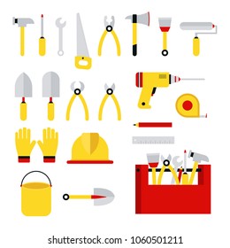 Stock vector illustration set isolated icons building tools repair, construction buildings, drill, hammer, screwdriver, saw, file, putty knife, ruler, helmet, roller, brush tool box kit flat style