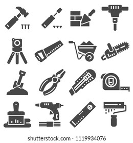 Stock vector illustration set isolated icons building tools , construction buildings, hammer, screwdriver, saw, ruler, helmet, roller, brush, kit flat style