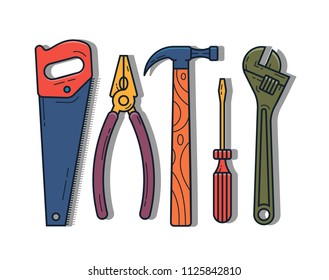 Stock vector illustration set isolated icons building tools repair, construction buildings, hammer, screwdriver, saw, pliers, wrench. kit flat style. White background