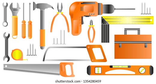 Stock vector illustration set isolated icons building tools repair, construction buildings, drill, hammer, screwdriver, saw, file, ruler, pliers, screws, nails, meter, hacksaw, level, spanner, tool bo