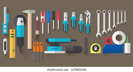 Ilustración vectorial de material conjunto íconos aislados reparación de herramientas de construcción, edificios de construcción, Ilustración de diseño plano.