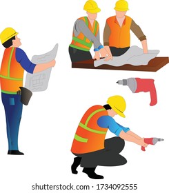 Stock vector illustration set isolated icons building tools repair, construction buildings, drill, hammer, screwdriver, saw, file, putty knife, ruler, helmet, roller, brush, tool box, kit flat style
