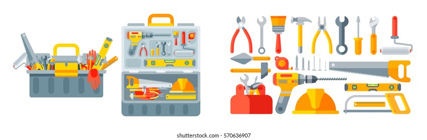 Stock vector illustration set isolated icons open and closed tool box building tools repair, construction of buildings, drill, hammer, screwdriver, saw, putty knife, ruler, helmet, roller, brush, kit