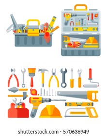 Stock vector illustration set isolated icons open and closed tool box building tools repair, construction of buildings, drill, hammer, screwdriver, saw, putty knife, ruler, helmet, roller, brush, kit