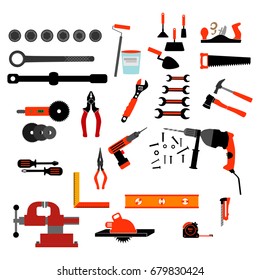 Stock vector illustration set isolated icons building tools repair, construction buildings, drill, hammer, screwdriver, saw,  putty knife, ruler, helmet, roller, brush, tool box.