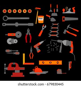 Stock vector illustration set isolated icons building tools repair, construction buildings, drill, hammer, screwdriver, saw,  putty knife, ruler, helmet, roller, brush, tool box.