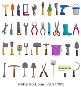 Stock vector illustration set isolated icons building tools repair, construction buildings, drill, hammer, screwdriver, saw, file, putty knife, ruler, roller, brush, tool box, etc