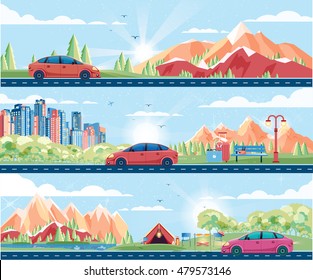 Stock vector illustration set of landscape, mountains, dawn, travel, hiking, nature, tent, campfire,camping, car, city sunny day, bench, tour in flat style.