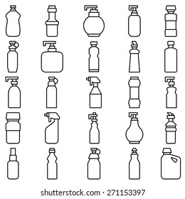 Stock vector illustration of a set of linear silhouettes of bottles and containers of various/Set of silhouettes of plastic bottles and other containers/Stock vector illustration