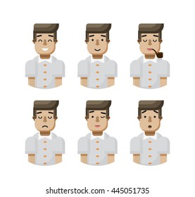 Stock vector illustration set male avatar with wide and slight smile, pipe in mouth, upset, winks, surprised, Emoji, black hair flat-style