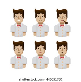 Stock vector illustration set male avatars, avatar with wide and slight smile, with pipe in mouth, upset, winks, surprised, Emoji, hipster flat-style