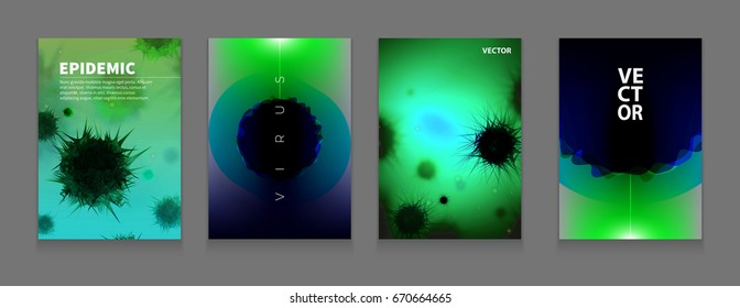 Stock vector illustration set minimal covers design. Virus, epidemic, pandemic, biological weapons. Bacteria under the microscope. Art for banners, flyers, placards and posters. EPS10