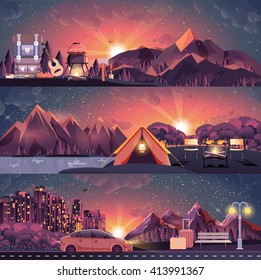 Stock vector illustration set of night landscape, mountains, sunset, travel, hiking, nature, tent, campfire, pot, big tourist backpack, camping, car, city nightlife, bench, luggage, tour in flat style