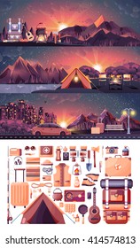 Stock vector illustration set of night landscape, mountains, sunset, travel, hiking, nature, tent, campfire, pot, backpack, camping, car, sports equipment for outdoor activities in flat style