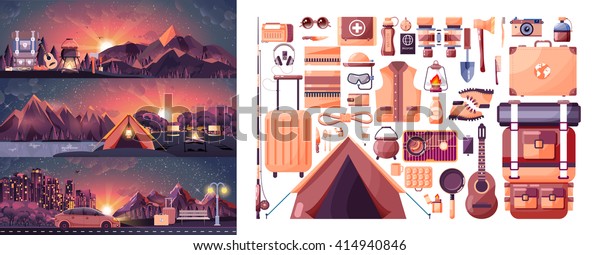Stock vector illustration set of night landscape,\
mountains, sunset, travel, hiking, nature, tent, campfire, pot, big\
tourist backpack, camping, car, city nightlife, bench, luggage,\
tour in flat style