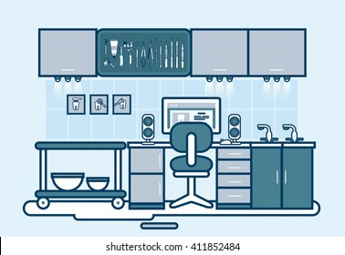 Stock vector illustration set of office with dental chair, cabinet of dentist, equipment in line style element for info graphic, website, icon