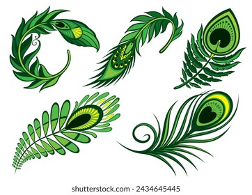 Stock vector illustration set peacock feather isolated on white background. 