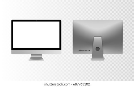 Stock vector illustration set personal desktop computer, PC. Modern flat screen monitor. Back side computer realistic display isolated on a transparent checkered background. White screen mockup. EPS10