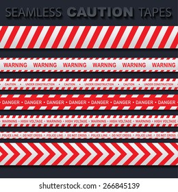 Stock Vector Illustration: Set of red and white seamless caution tapes with different signs. Police line, do not cross, high voltage, danger, warning, under construction.