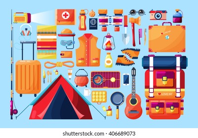 Stock vector illustration set of sports equipment outdoor activities in the mountains, in nature, near a river in flat style element for info graphic, website, icon, games, motion design, video
