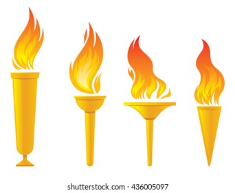 Stock vector illustration of a set of torches and flames