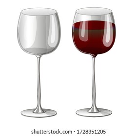 Stock vector illustration. Set. Two glasses - one empty transparent and a glass with red wine drawn on a white background