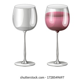Ilustración vectorial de material. Establecer. Dos vasos: una transparente vacía y un vaso con vino rosado de fondo blanco